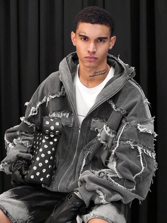 oversized patchwork frayed denim zip-up hoodie jacket