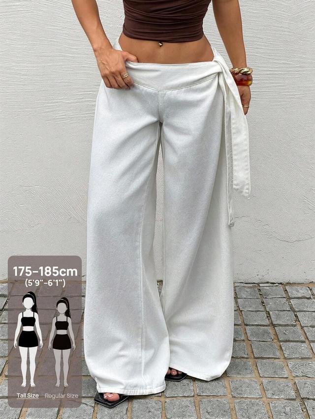 white tie-up washed denim wide leg pants