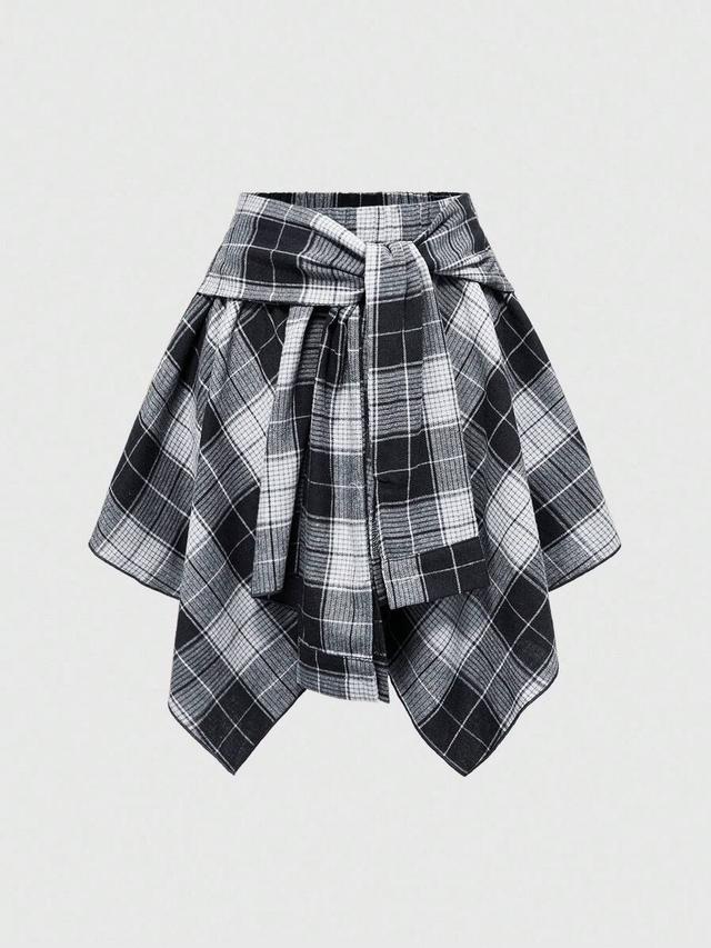 plaid lace-up asymmetric layered skirt