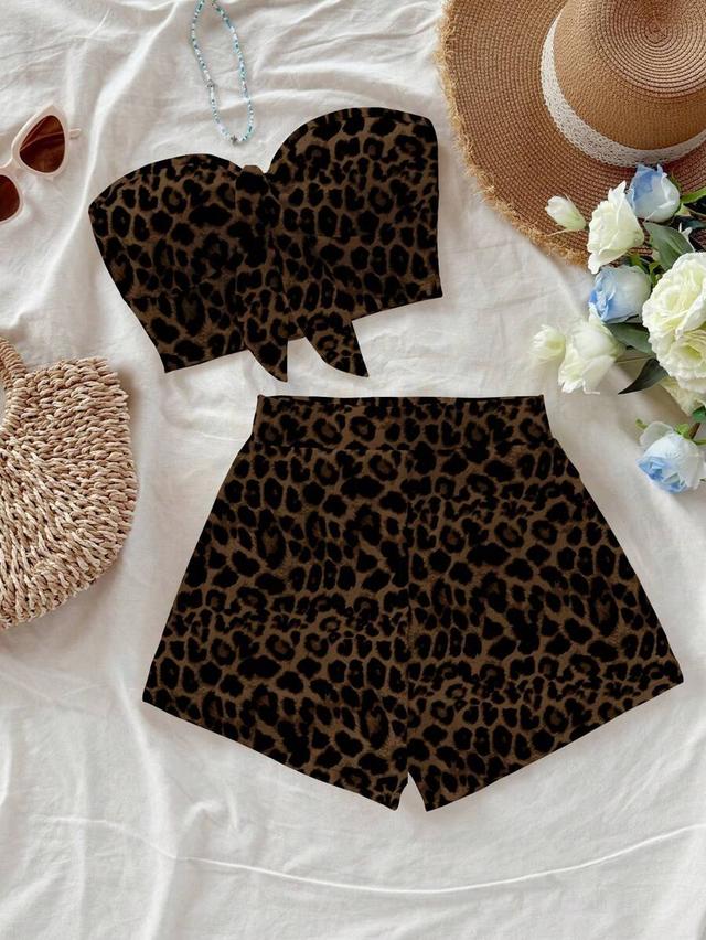 leopard print front tie bandeau top and shorts set