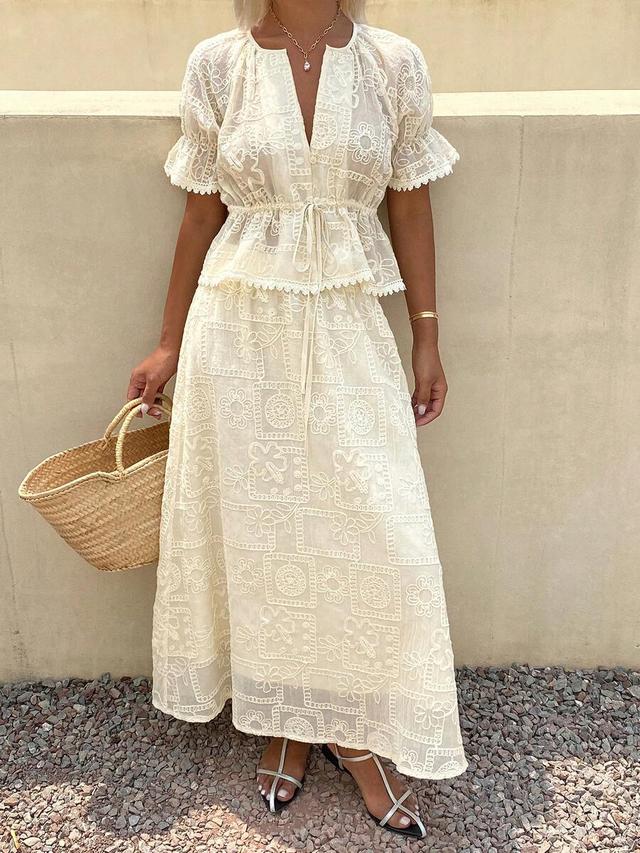 cream lace embroidered cinched waist two piece set