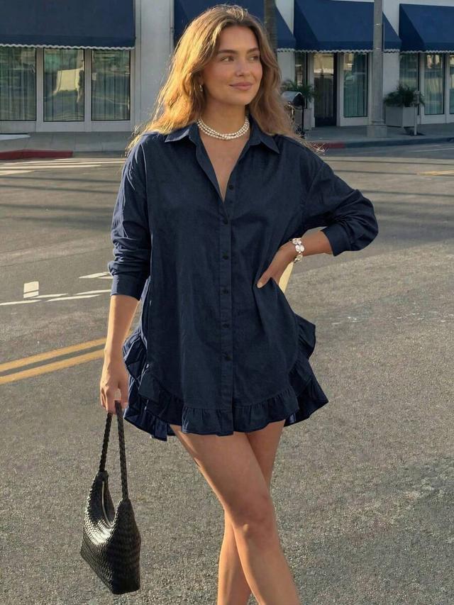 women's spring casual solid color ruffle hem blouse
