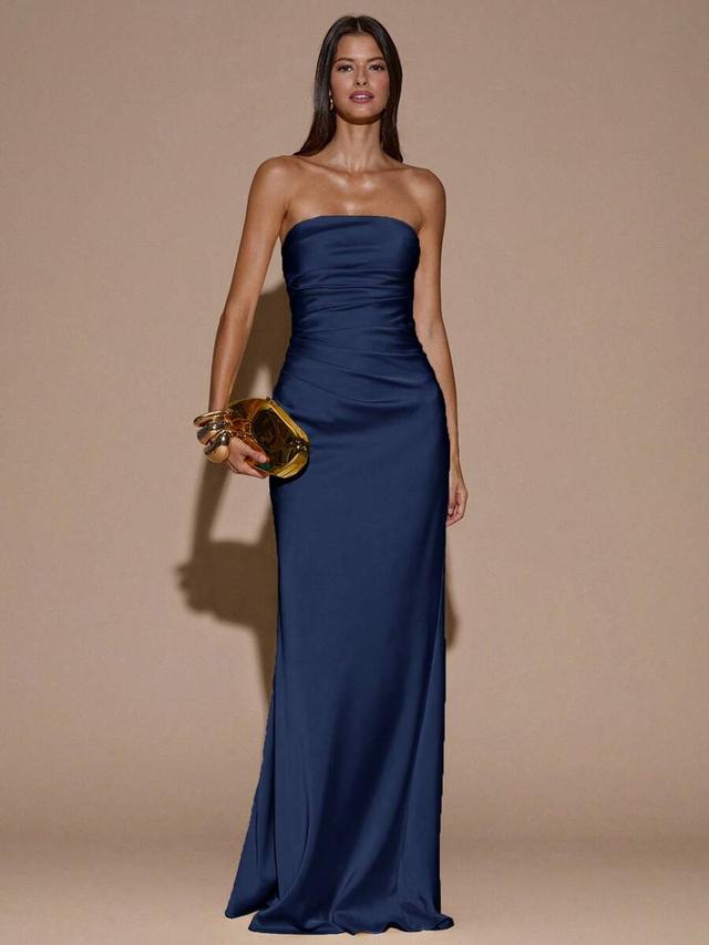 elegant navy blue satin strapless ruched mermaid dress