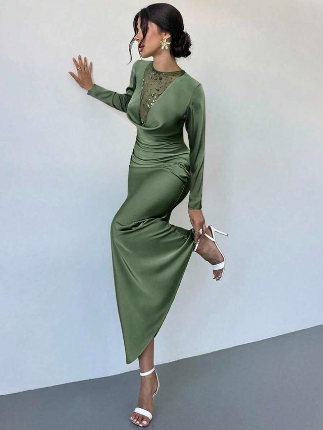 olive green satin long sleeve sequin mesh patchwork dress