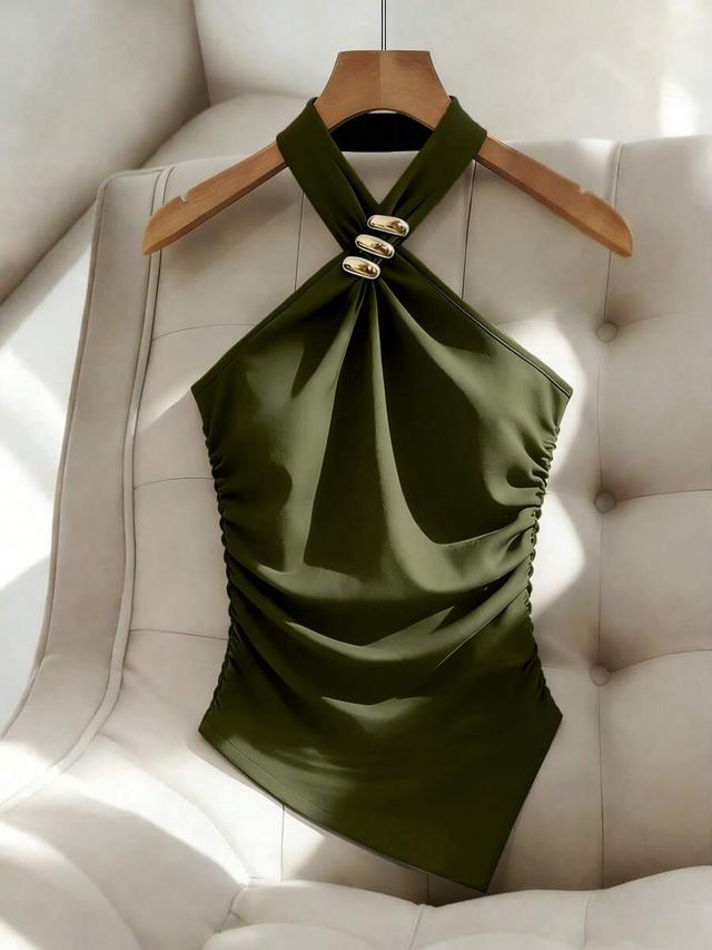 army green halter neck ruched knit tank top