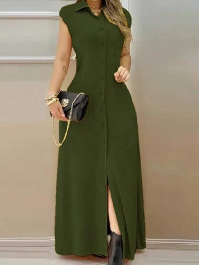women's casual olive green front button maxi dress