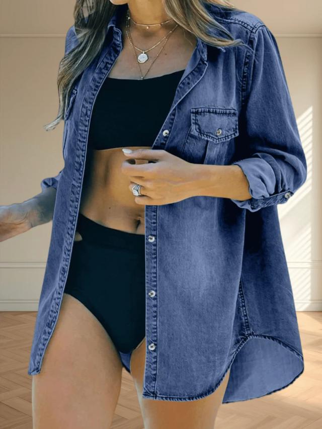 womens distressed denim shirt jacket