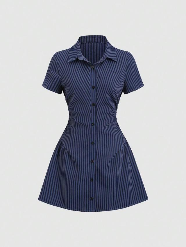 striped short sleeve waist cinched shirt dress