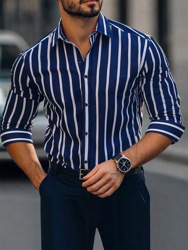 blue and white striped long sleeve button shirt