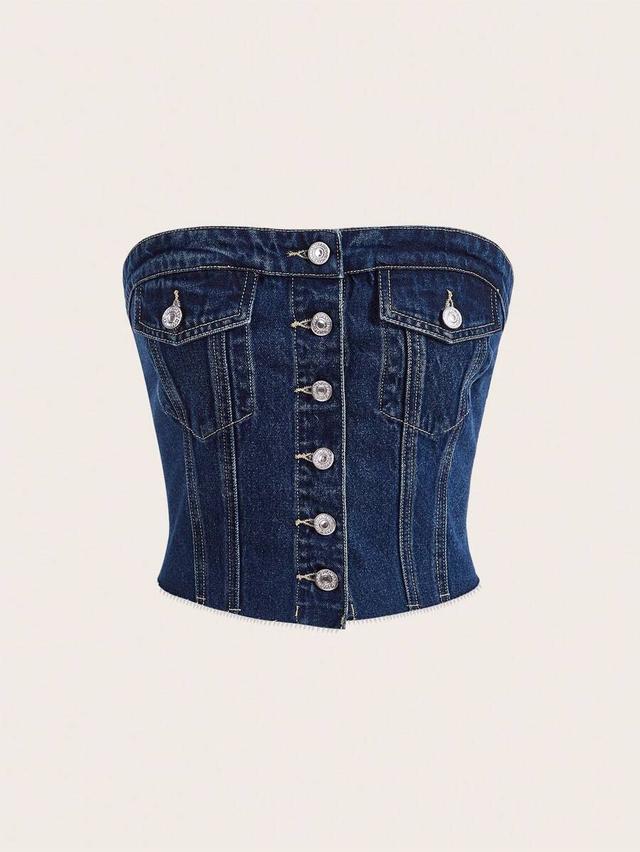 dark wash denim button front tube top