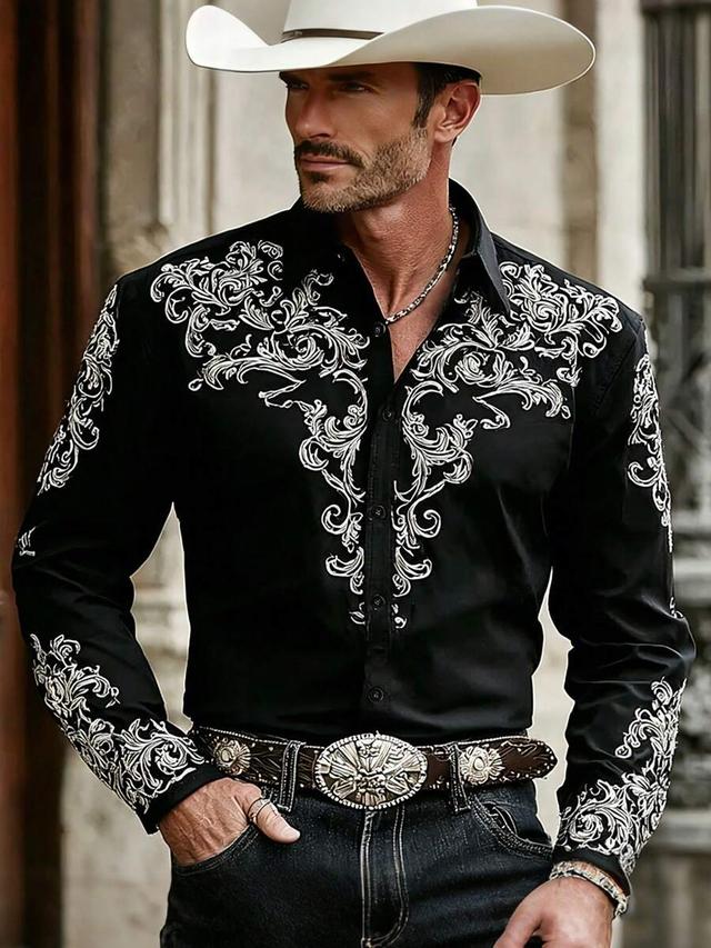 men's black paisley floral print long sleeve shirt