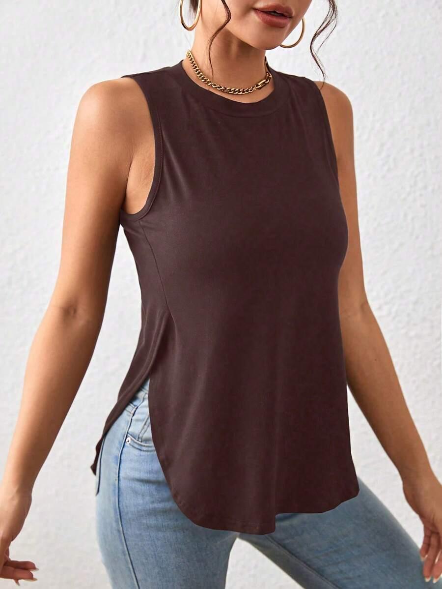 brown solid color split hem casual tank top