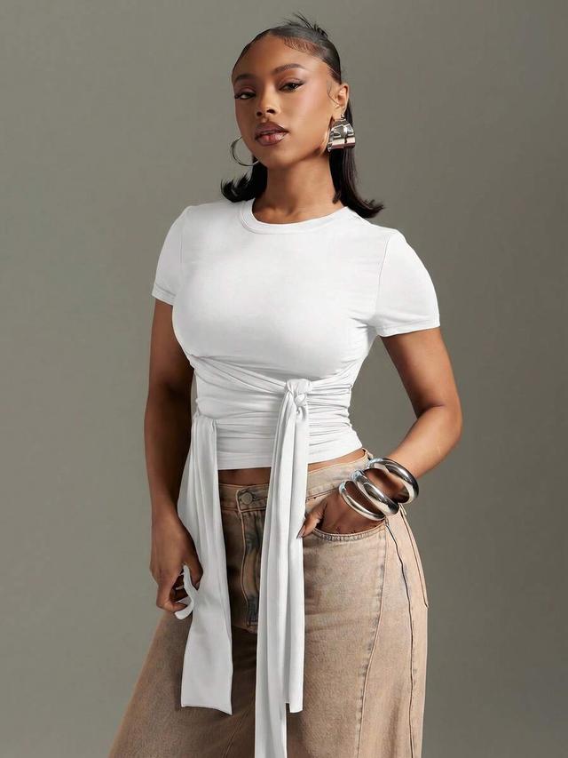 white front drape tie detail short sleeve top