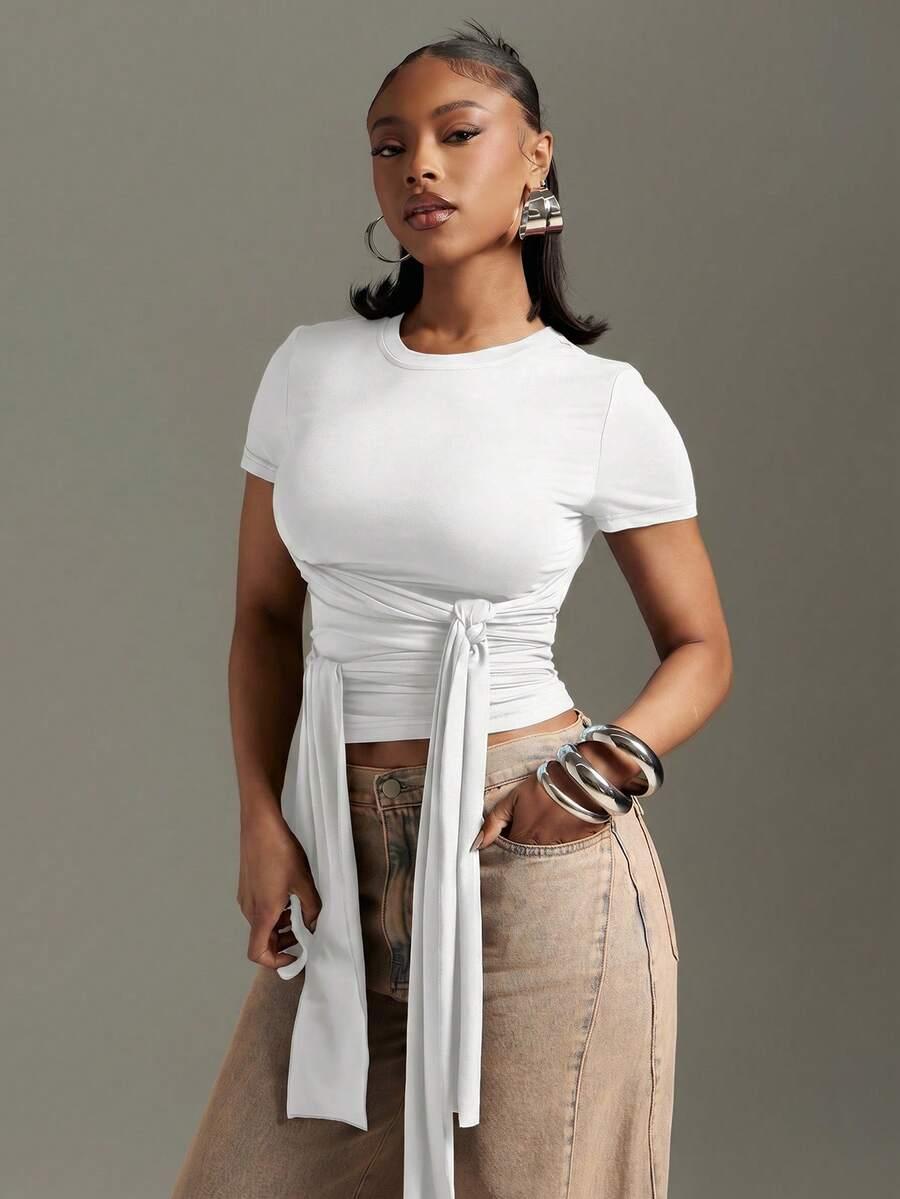 white front drape tie detail short sleeve top