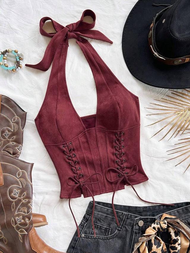 burgundy suede v-neck tie-up deconstructed corset vest