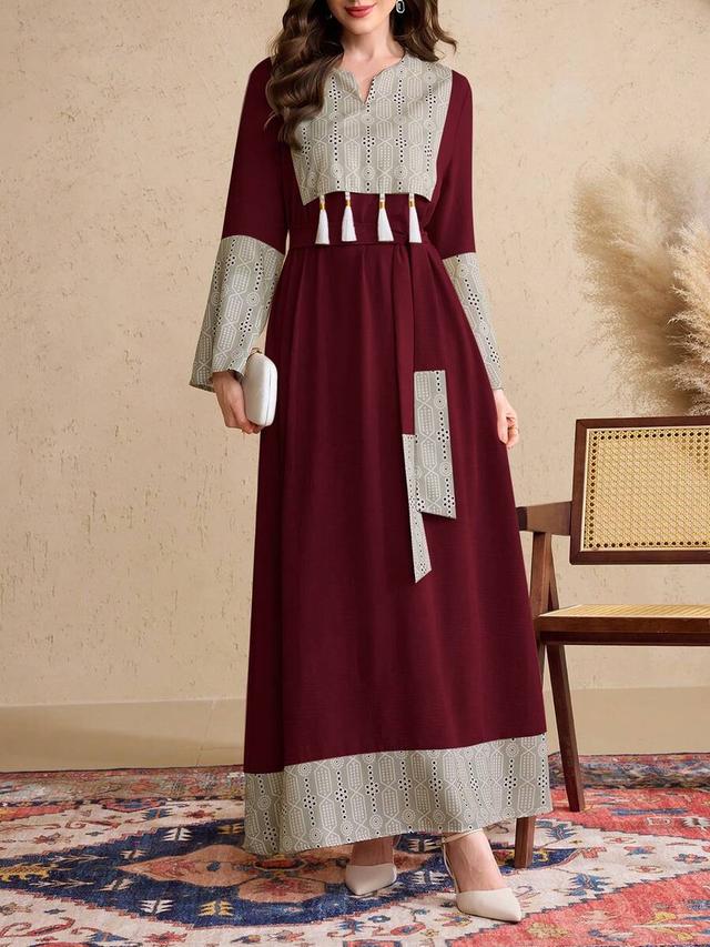 burgundy arabic style long dress with patterned trim