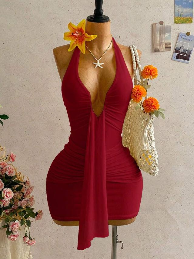 burgundy halter neck ruched mini dress