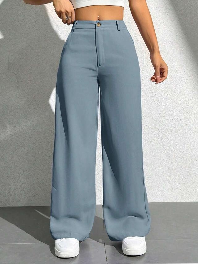 solid blue high-waisted straight leg casual trousers