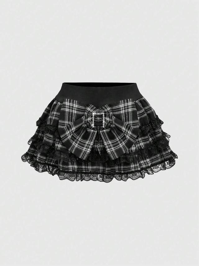 plaid lace frilled mini skirt with bowknot