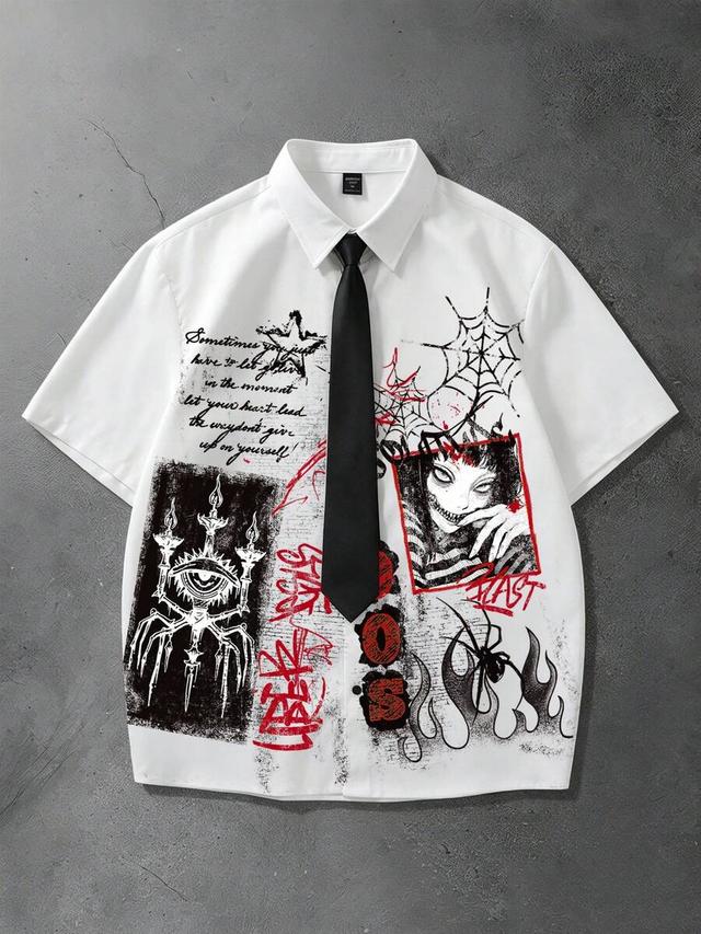 white short sleeve shirt with gothic anime print