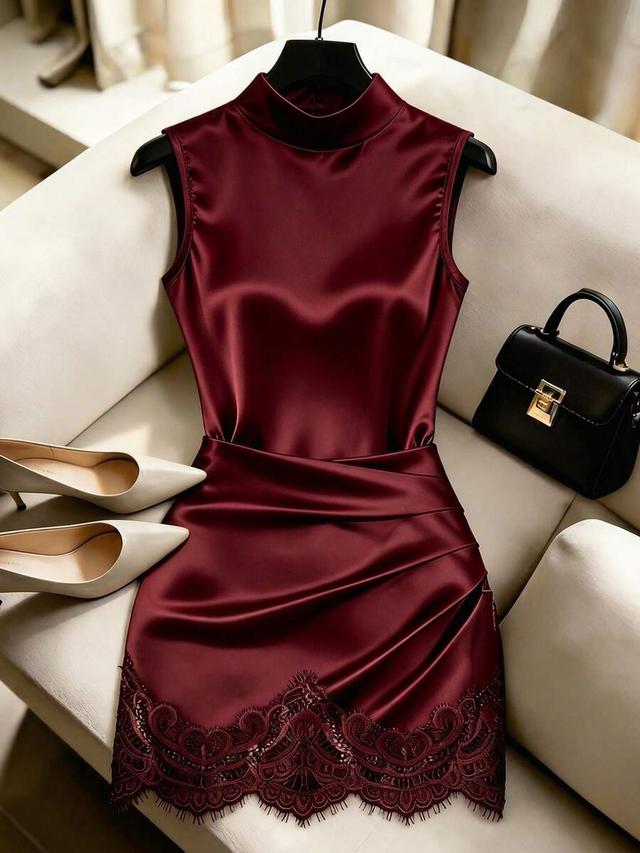 burgundy satin sleeveless dress with lace hem