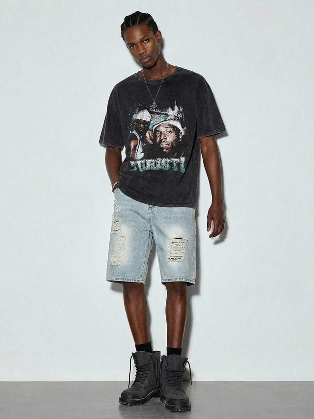 relaxed fit distressed light wash denim shorts