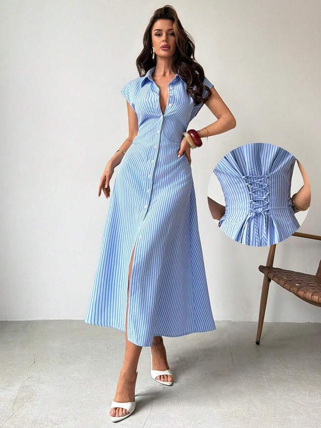 blue and white striped cotton shirt dress