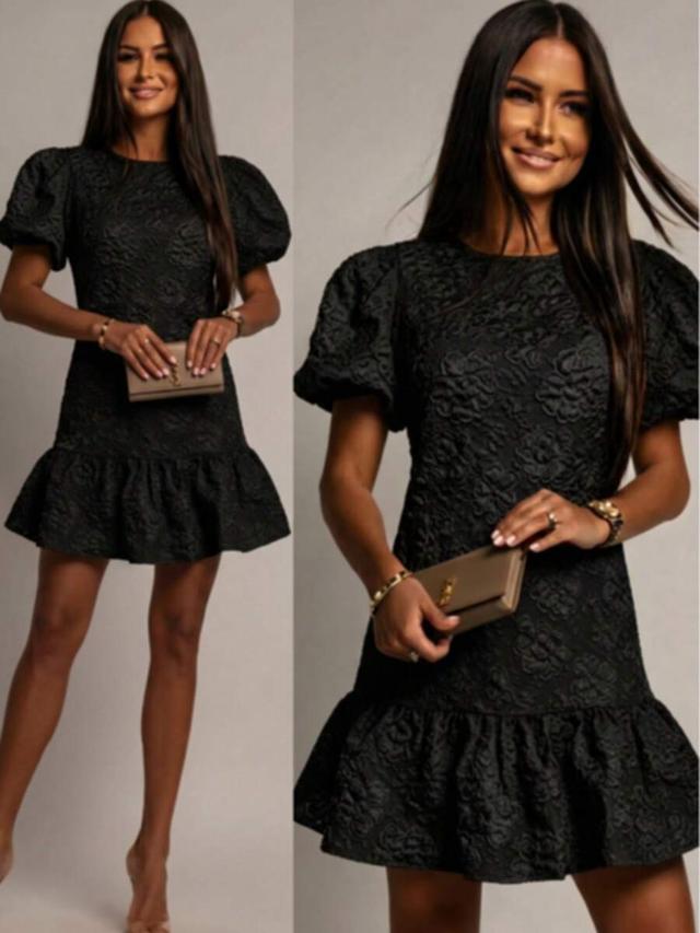 black textured puff sleeve ruffle hem mini dress