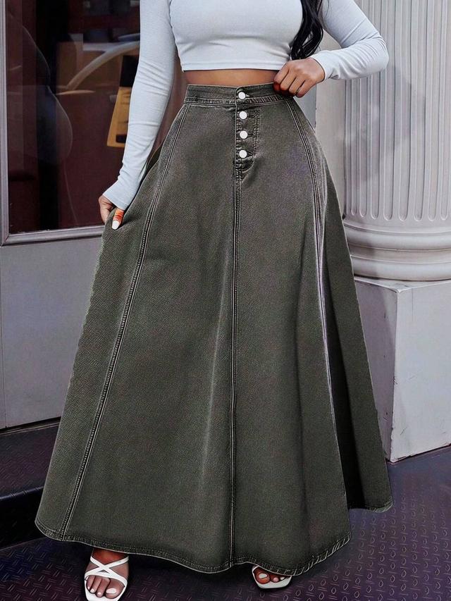 high waist button front olive denim midi skirt