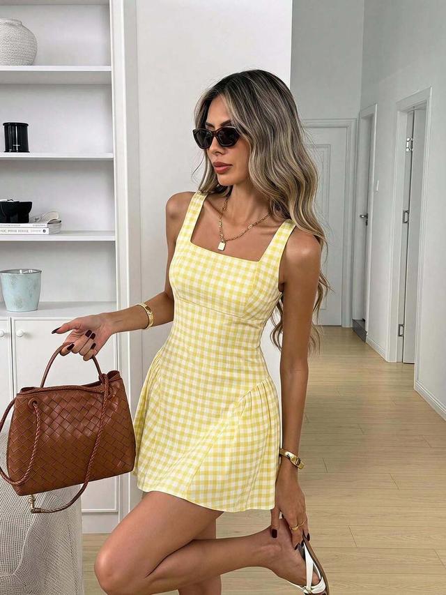 yellow plaid square neck sleeveless a-line dress