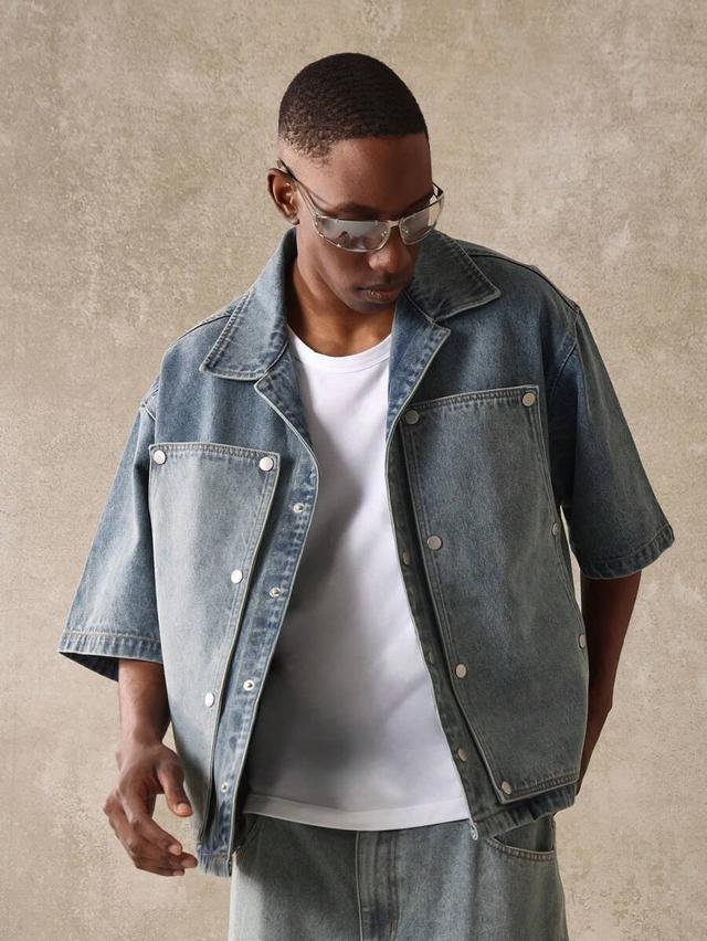 oversized short sleeve denim carpenter workwear jacket