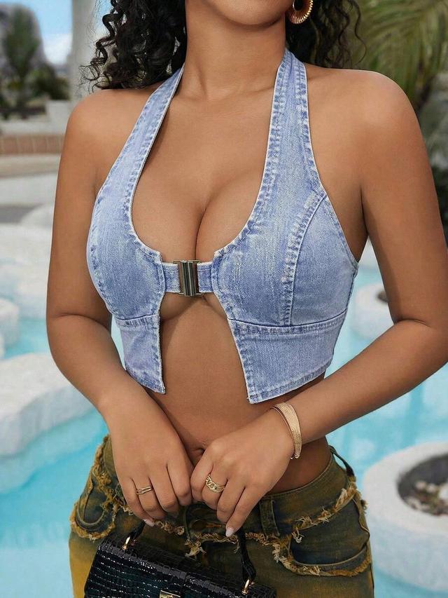 light blue denim halter crop top