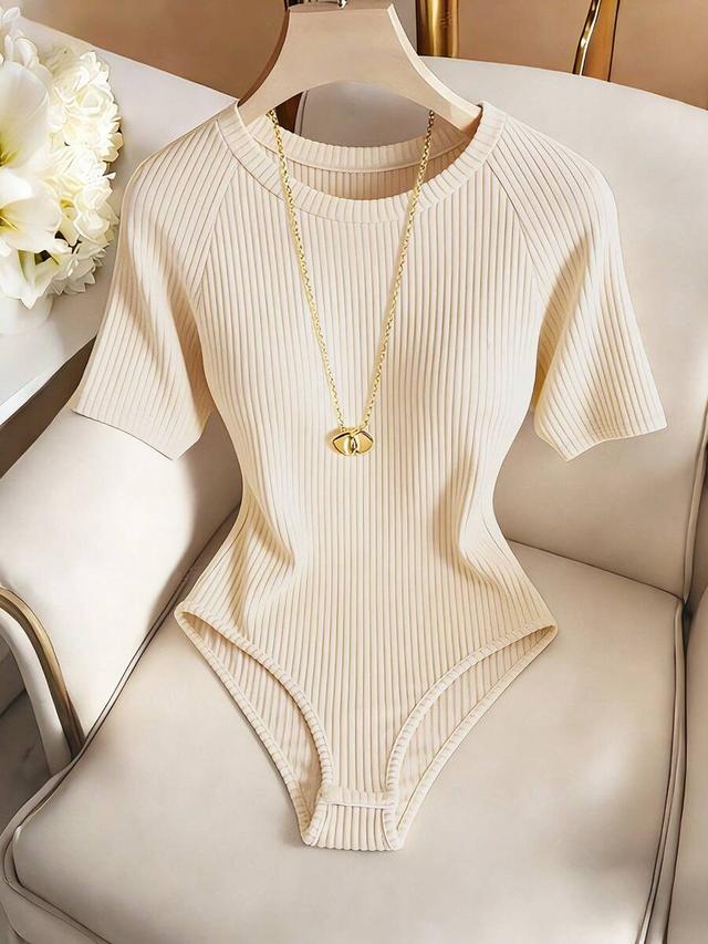 beige ribbed knit short sleeve bodysuit