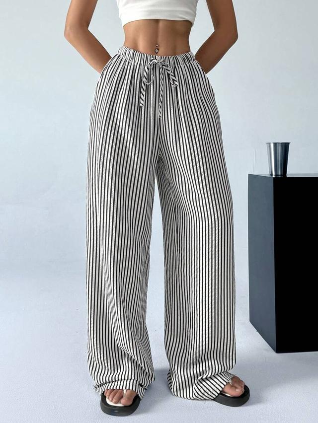 black and white striped casual wide leg trousers