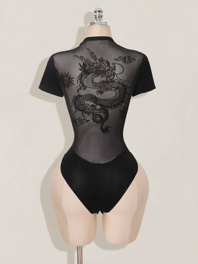 black mesh dragon print flocked mesh panel short sleeve bodysuit