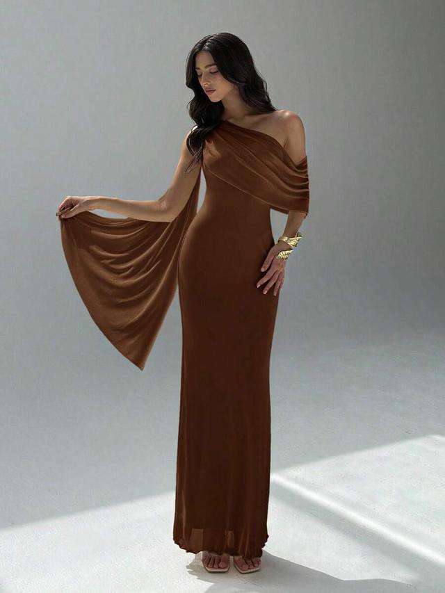 aloruh coffee brown pleated asymmetric shoulder tie dress