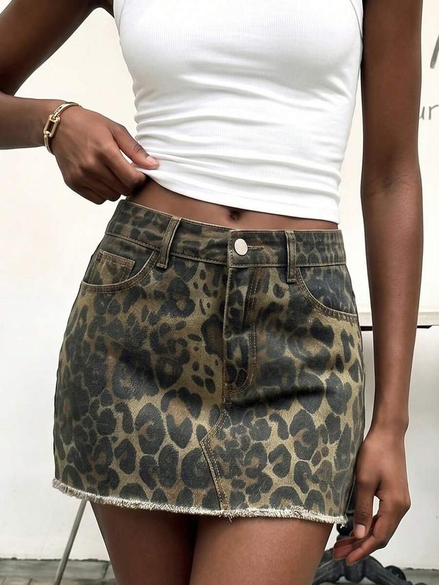 women's vintage leopard print denim mini skirt