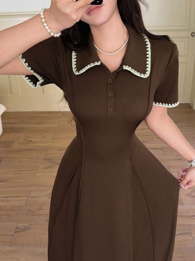 brown waist cinching polo collar dress with contrast trim