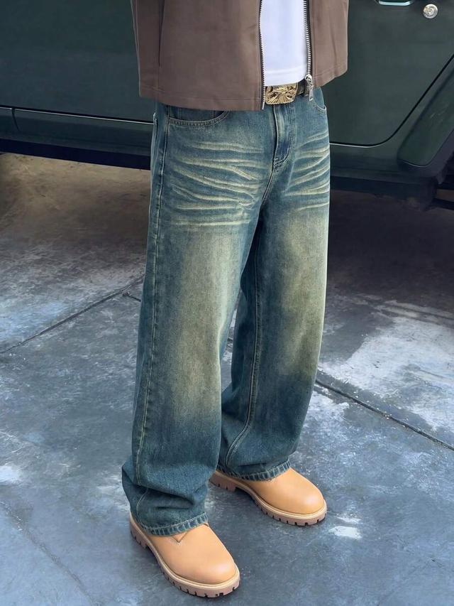 men's vintage washed wide leg loose straight denim jeans