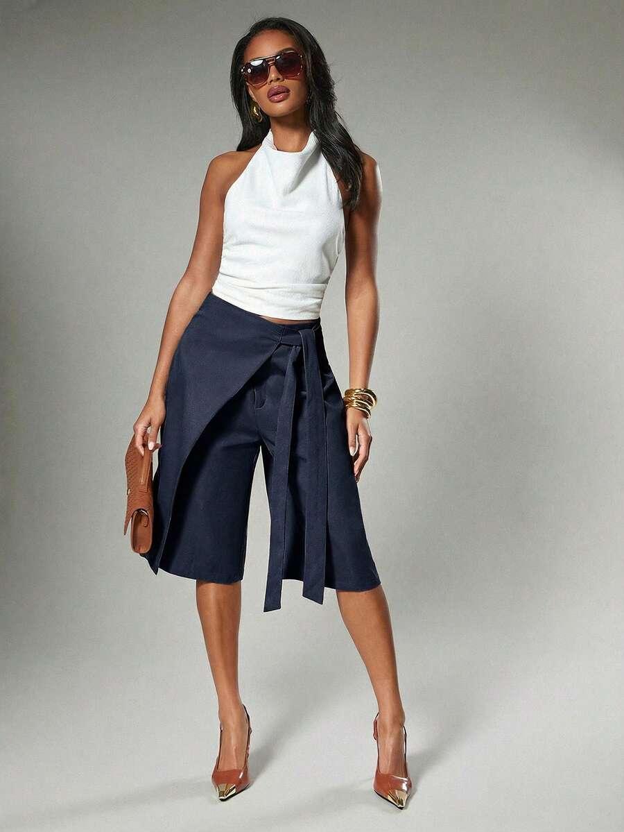 white tailored wrap bermuda shorts with tie