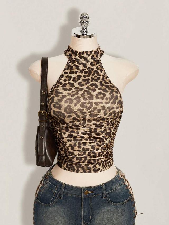 leopard print backless halter cropped top