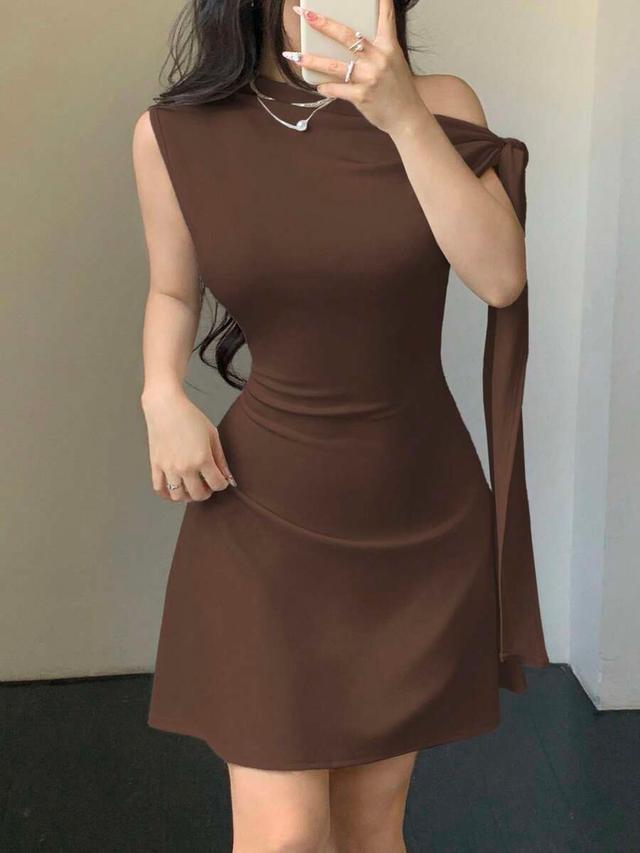 chocolate brown sleeveless draped mini dress