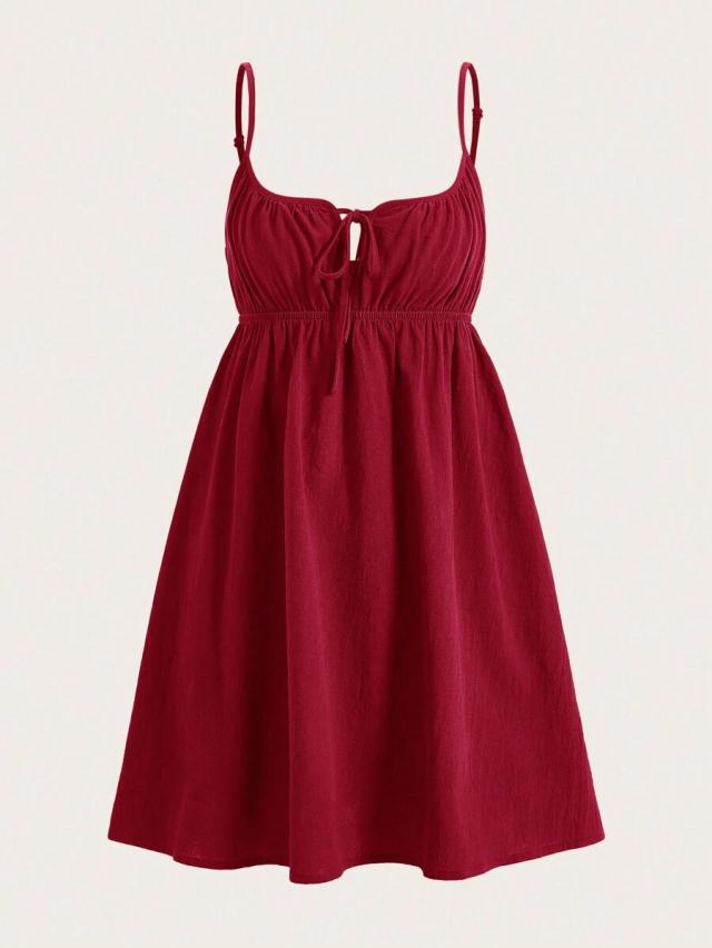 wine red woven front tie casual slip dress