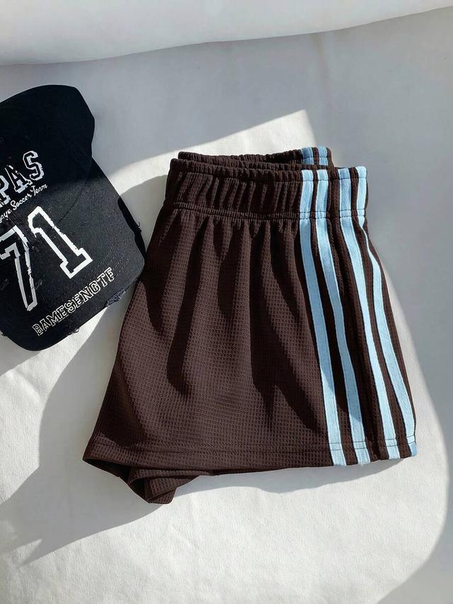 coffee brown waffle knit athletic shorts with side stripes