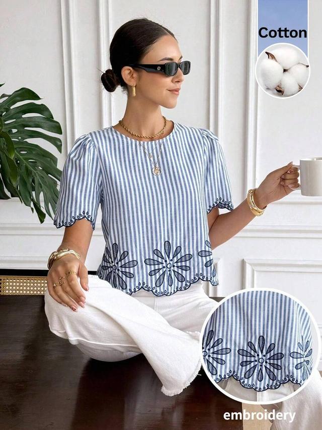 blue and white striped embroidered cotton short sleeve blouse