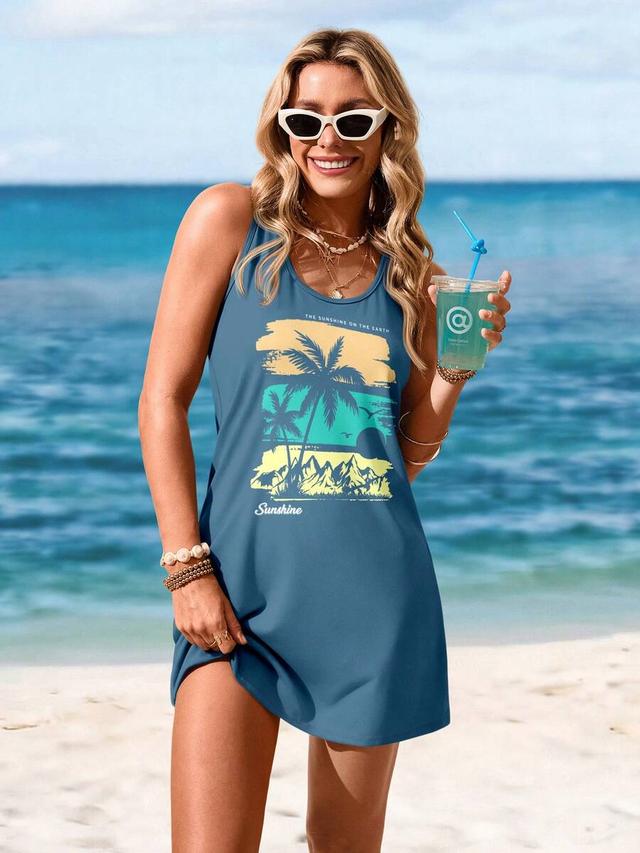 casual palm tree print sleeveless shift dress