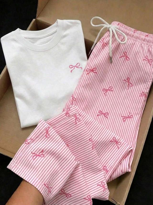 casual pink striped bow print pants set