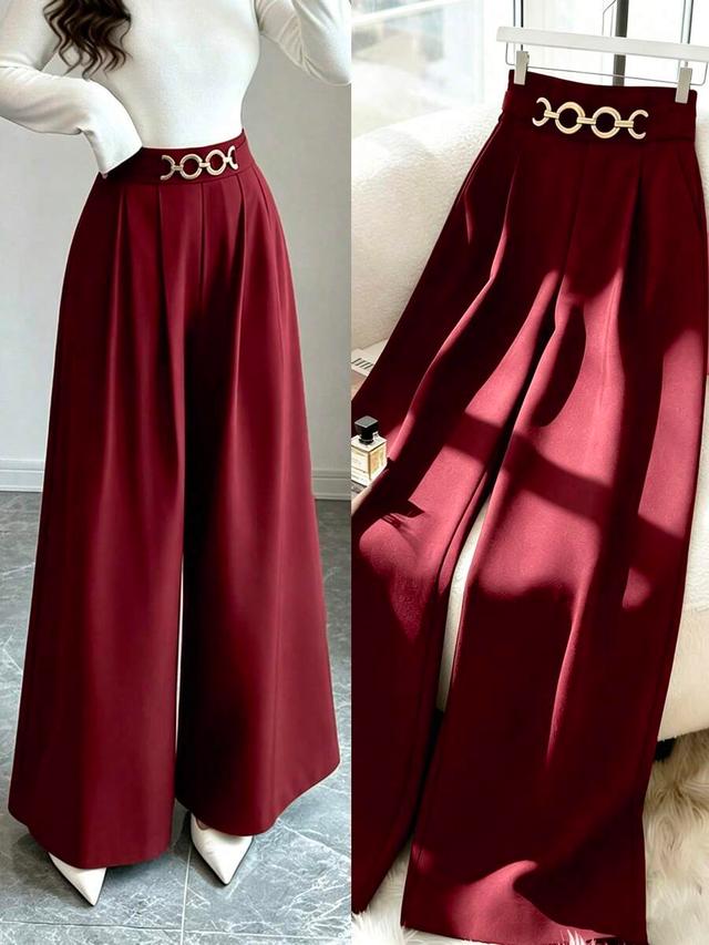 burgundy high waist flared leg trousers with gold hardware