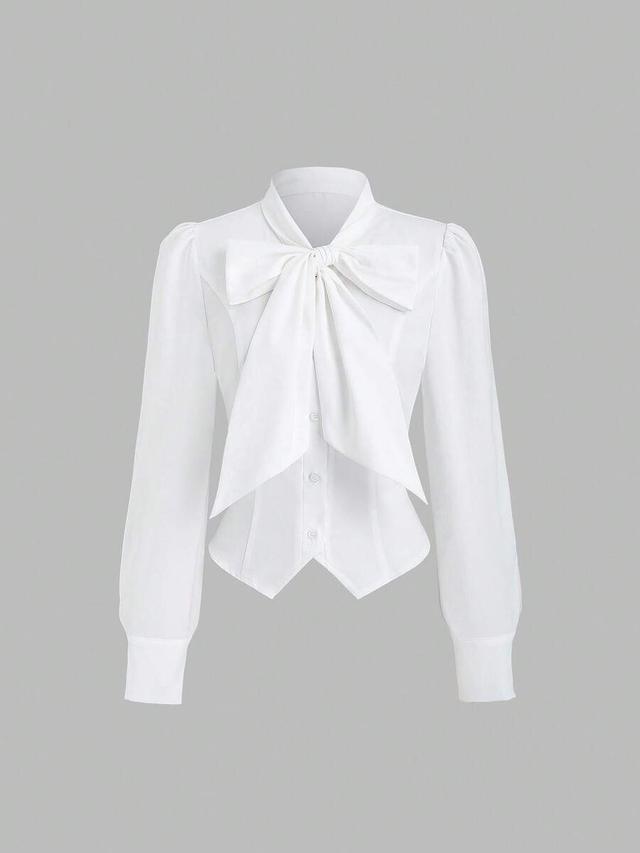 white long sleeve bow tie cinched waist blouse