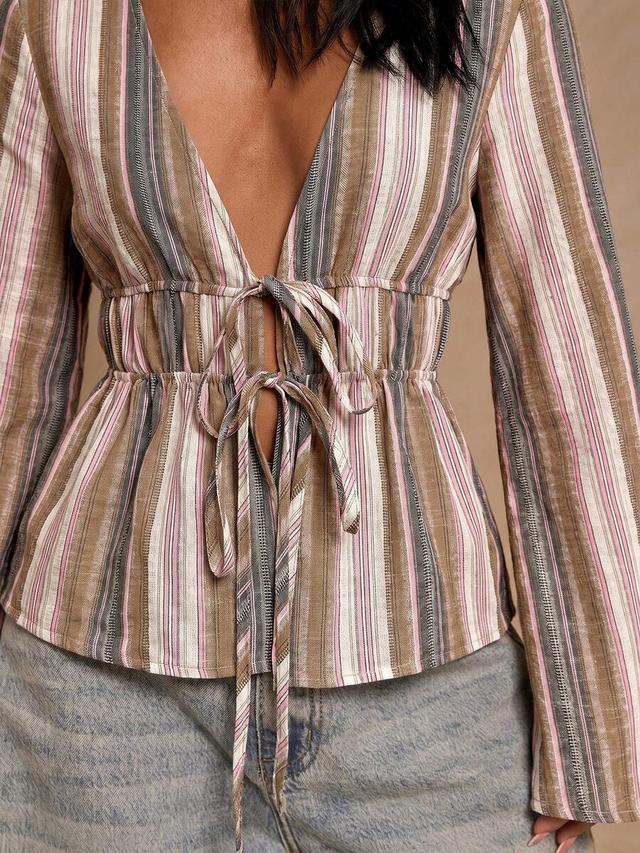 striped deep v-neck flare sleeve woven top